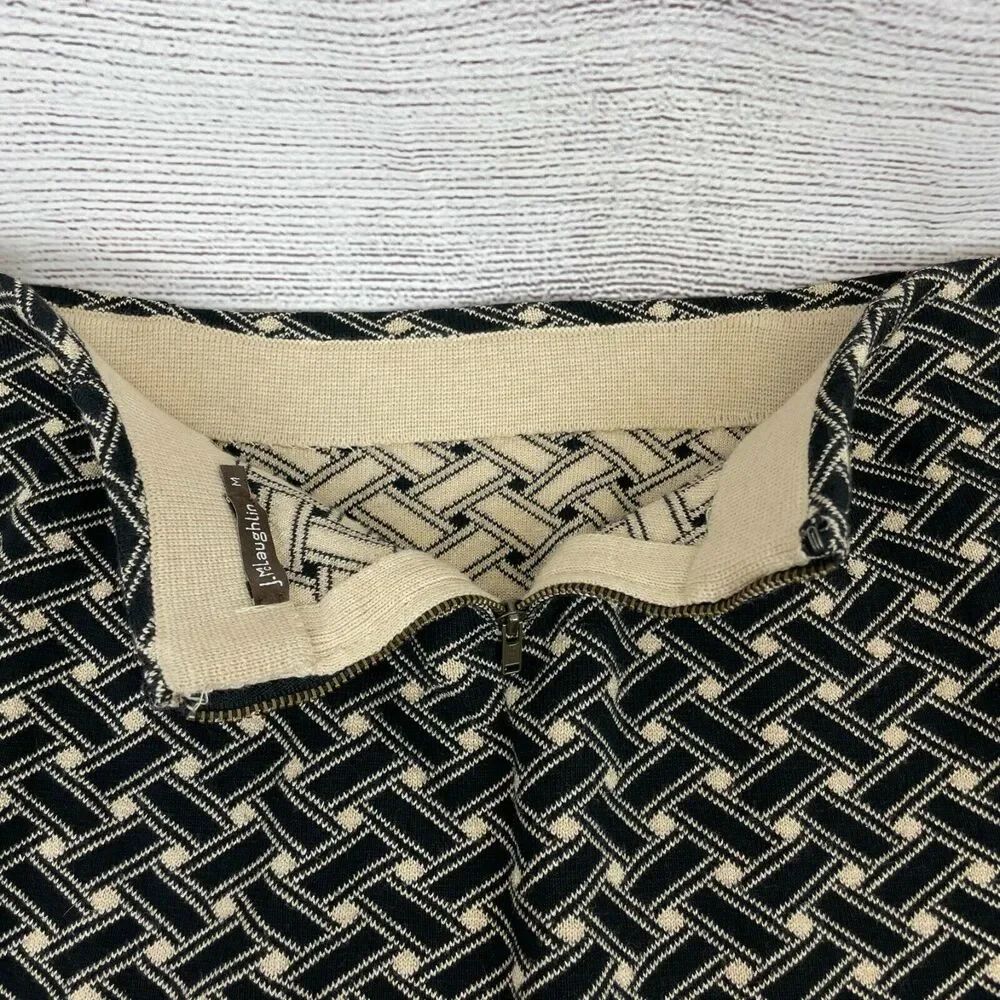 J. McLaughlin Black Beige Basket-weave metallic Knit Pencil Skit Size M